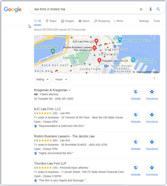 these optimized Google Business Profile listings for "lawyers in boston ma" landed these firms in the Big-3. Equating to free internet advertising for those lawyers