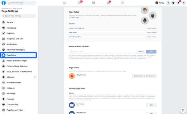 A screenshot of the Facebook Page roles setting screen, where Page Admins can choose access levels for employees.