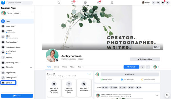 A screenshot of a Facebook Business Page. On the lefthand side, a menu shows various setting options for the Facebook Page.