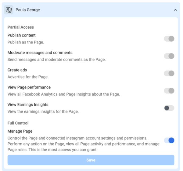 A screenshot showing a custom Facebook page role user setting. The options include "Partial Access" with accompanying options such as "Publish content" or "Create ads" as well as "Full Control" making the user a Facebook Page admin.