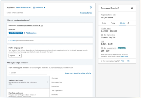 Screenshot of LinkedIn Ads target marketing