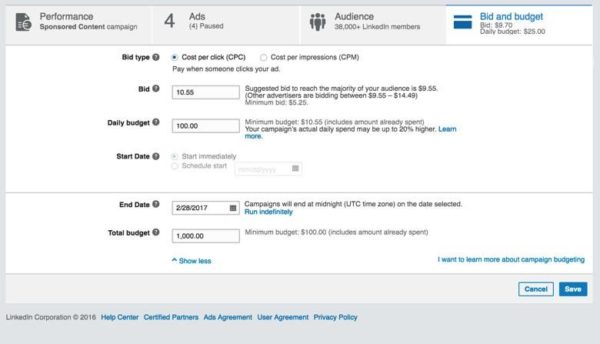 Screenshot of LInkedIn Ads bidding/budget setup