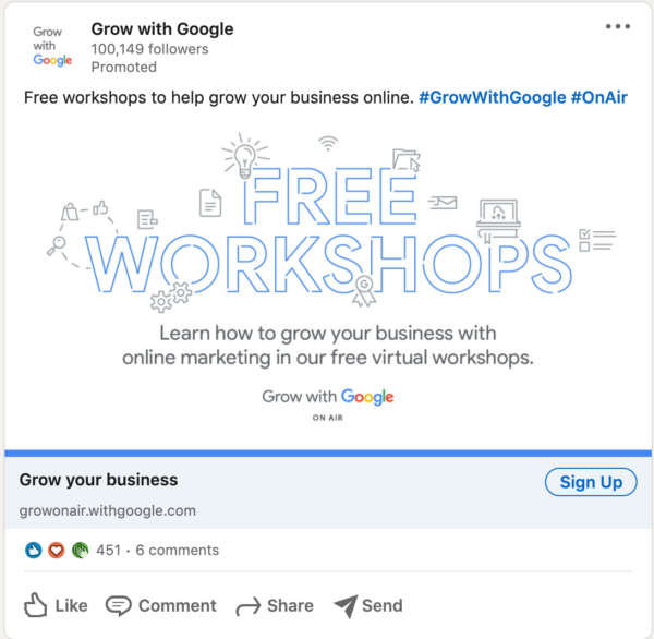 Grow with Google LinkedIn Ad that doesn't follow standard practices by sporting mostly words and graphics with very little color