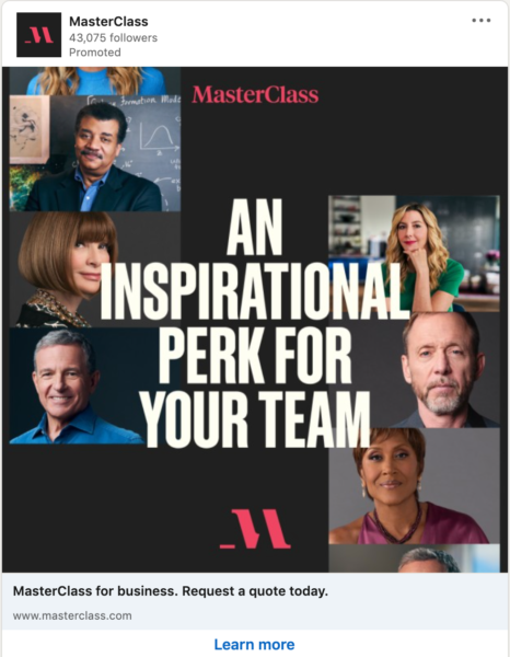 MasterClass LinkedIn Ad where the photos are of instructors looking directly at the camera