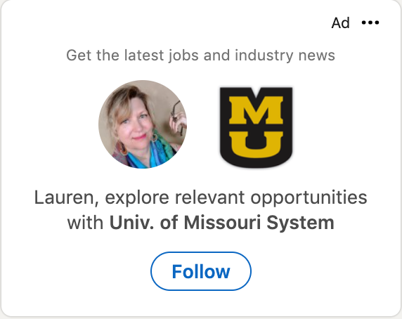 Screenshot of a LinkedIn Ad that has the readers profile image next to the advertisers profile image and the copy starts with the readers first name