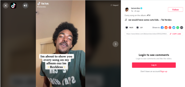 TikTok for Artists - Tai Verdes post listing the songs on his album