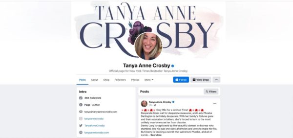 how to market your book - Tanya Anne Crosby leverages the power of Facebook with a complete author page and regular posts