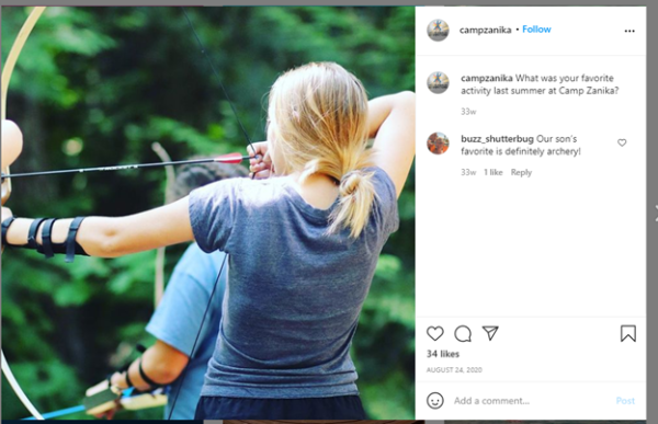 example of summer camp marketing on Instagram with the picture taken of the back of the child to preserve the child's safety while still promoting the activity and the camp