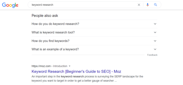 User intent SERP for "keyword research" -- people also ask (PAA) box