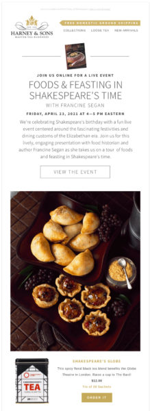 Harney & Sons Shakespeare's Time food event announcement with CTA to view event information