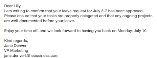 Example of an email sign-off from LeaveBoard