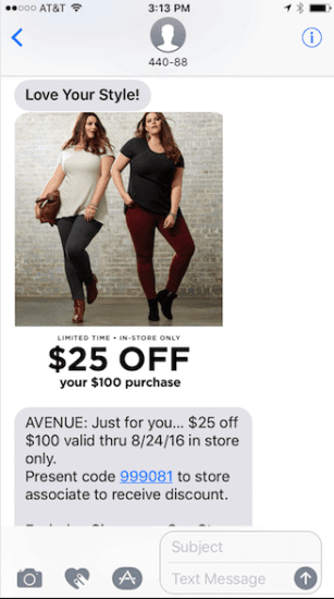 Fashion brand Avenue sends this promotional SMS text message