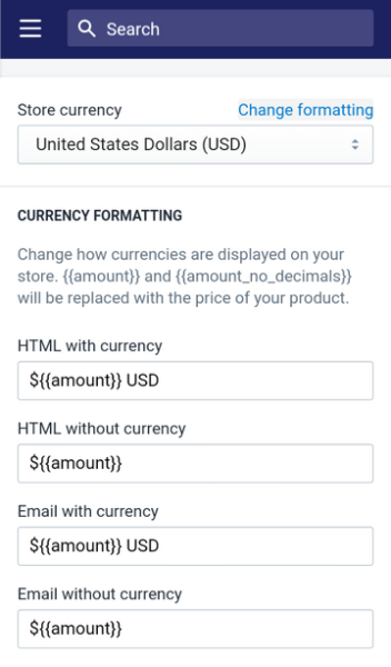 Shopify tips - set your pricing on whole-number prices by going to this store currency page and changing the formatting to not include decimals