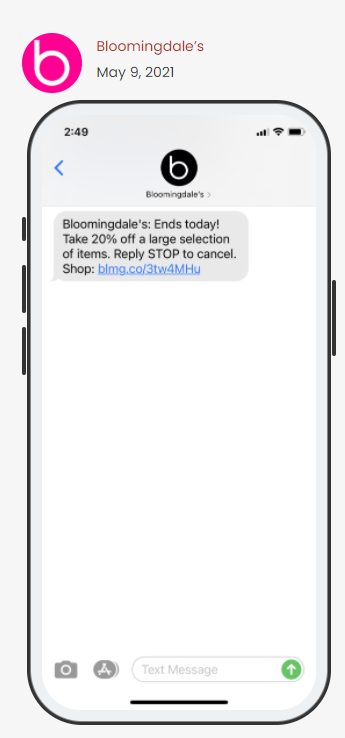 Bloomingdale's SMS message announcing the end of a sale