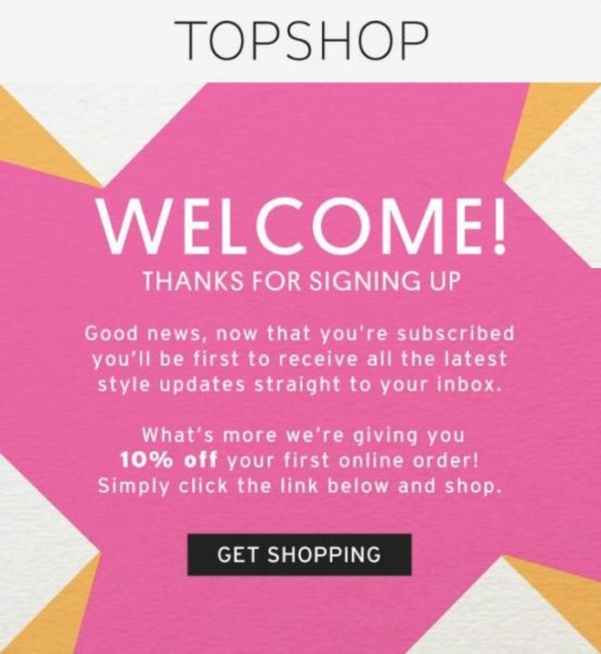 Topshop welcome email letting people know what to expect and giving readers 10% off