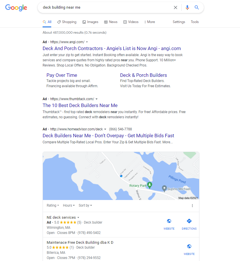 How to start a deck building business - pay for Google ads to be at the top of SERPs - image of SERP for "deck building near me"