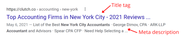 Google SERP showing the title tag and meta description