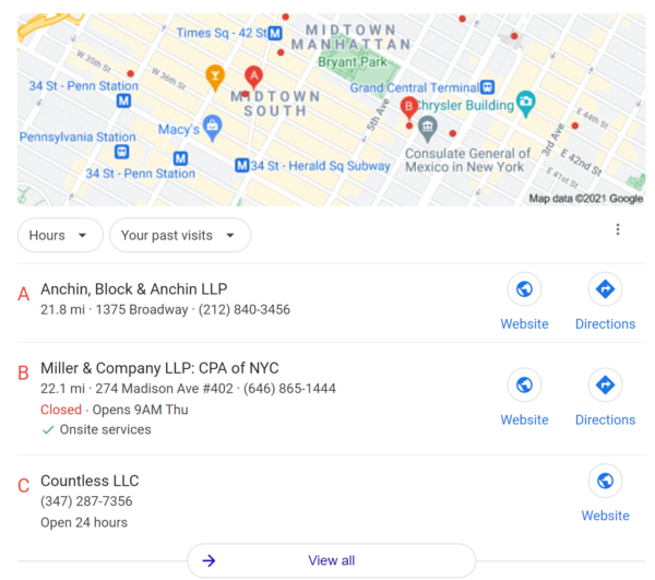 Google local search showing the 3-pack