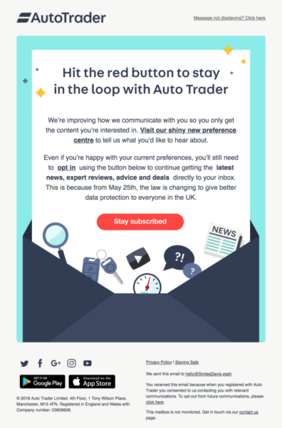 AutoTrader - newsletter ideas - clear call to action "stay subscribed"