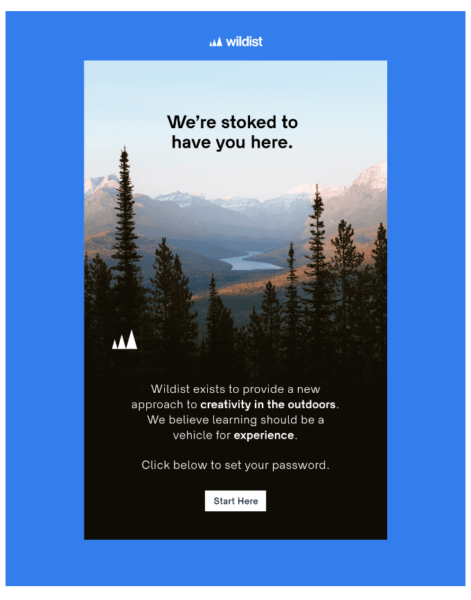 Wildist welcome email with image of the mountains and woods with text "We're stoked to have you here."