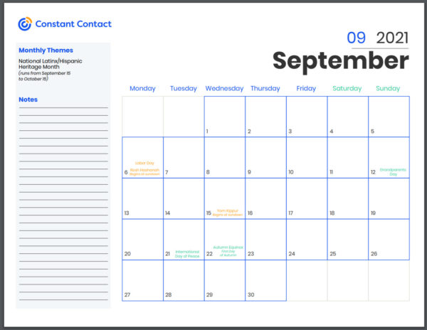 Screen shot of Constant Contact free online marketing calendar which can be downloaded and printed out