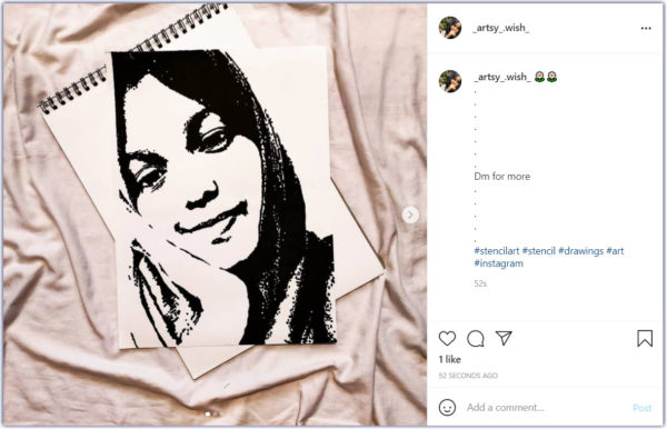 how to promote your art on Instagram -- _artsy_wish_ stencil drawing of a young girl softly smiling
