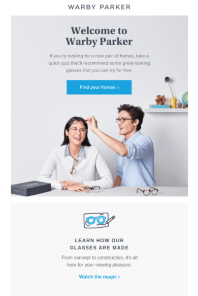 retail email examples - Warby Parker welcome email