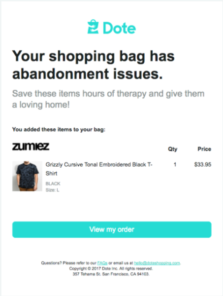 retail email examples - Dote cart abandonment email