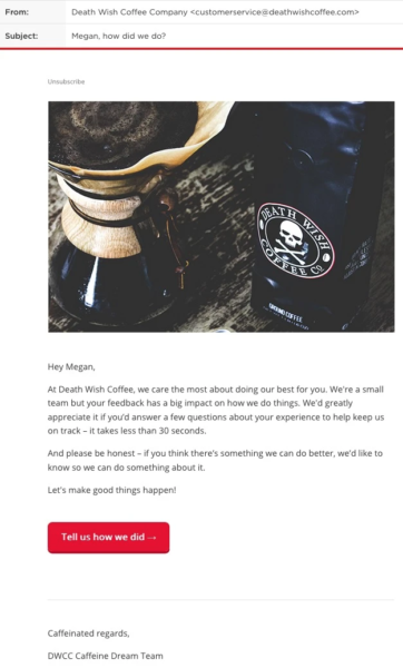 Death Wish Coffee check-in email asking customers for feedback