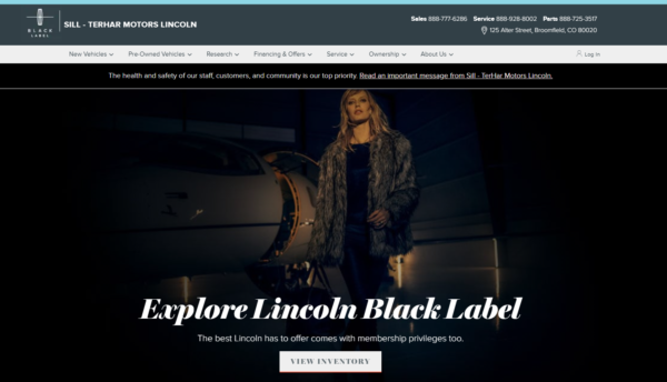 Sill-TerHar Lincoln Black Label splash page featuring a model in fur standing in front of a private jet cast in dark shadow to black