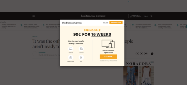 San Francisco Chronicle's splash page is a small square requiring readers to sign in or sign up before they can get to the article itself