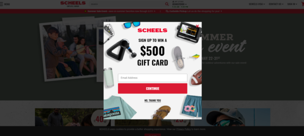 Scheel's splash page is a small, centrally located box, that invites visitors to sign up
