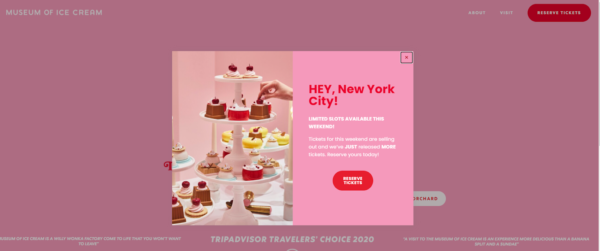 Museum of Ice Cream in New York's splash page is a centrally located box that displays an image of deserts on a tray and text about tickets