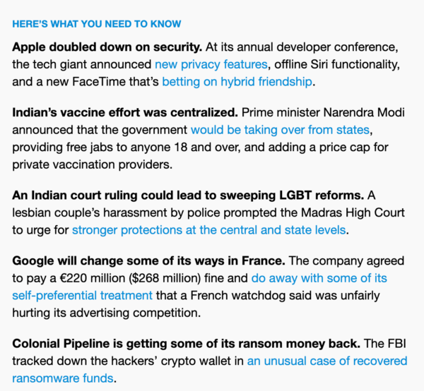 Quartz newsletter is strictly a list of article snippets so readers can follow a link to read an article online