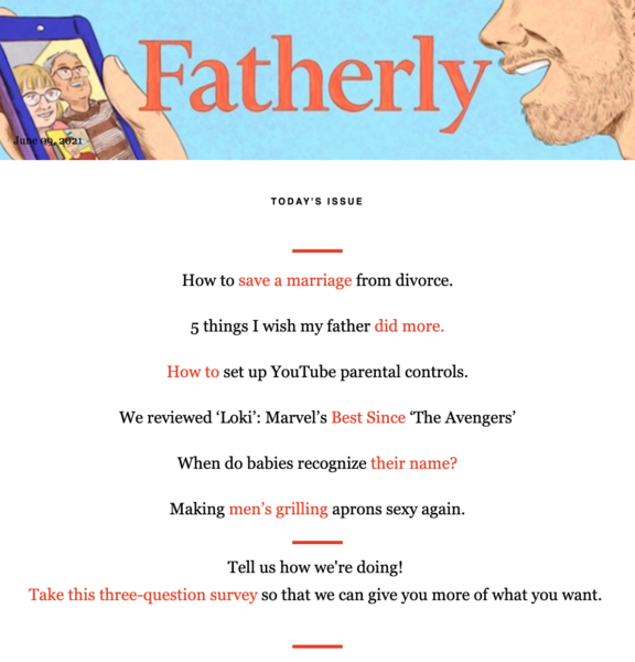 Fatherly's newsletter has a table of contents so readers can jump to the section they want to read