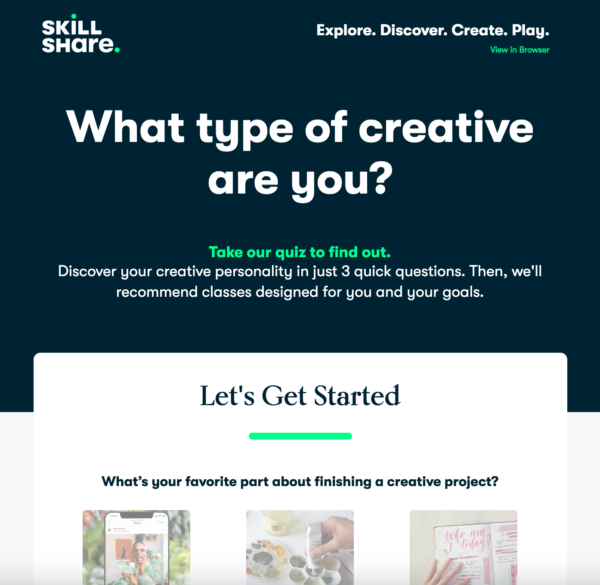 Skillshare's newsletter asks questions with readers clicking on links to answer them