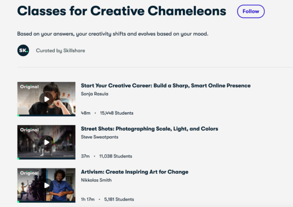 Skillshare landing page based on answers from the newsletter, shows a curated list of classes