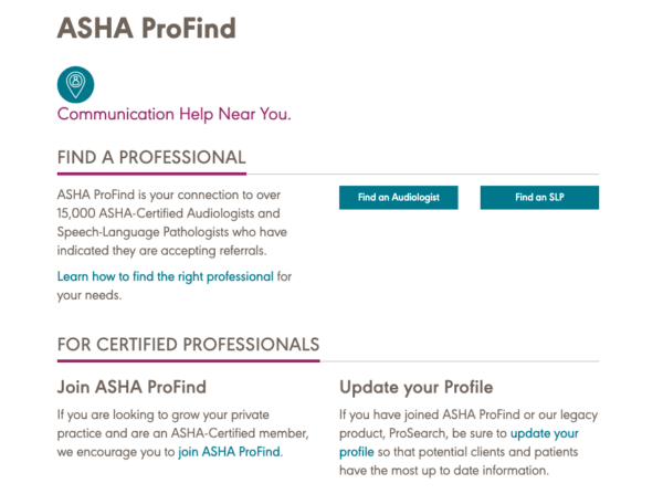 screenshot of ASHA ProFind site