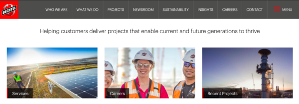 Screenshot of Bechtel construction slogan, "Helping customers delver projects that enable current and future generations to thrive."