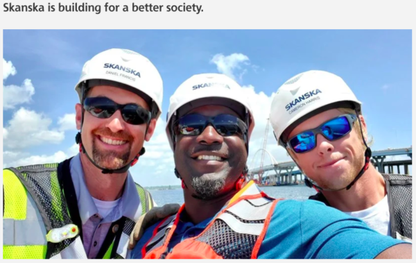 screenshot showing Skanska sloga, "Skanska is building for a better society."