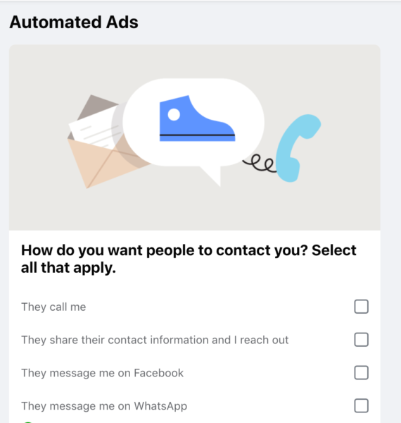 Fb ad creation "automated ads" questionaire