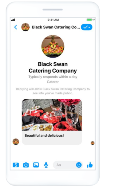screenshot of Black Swan Facebook ad featuring a photo of one of their catering setups