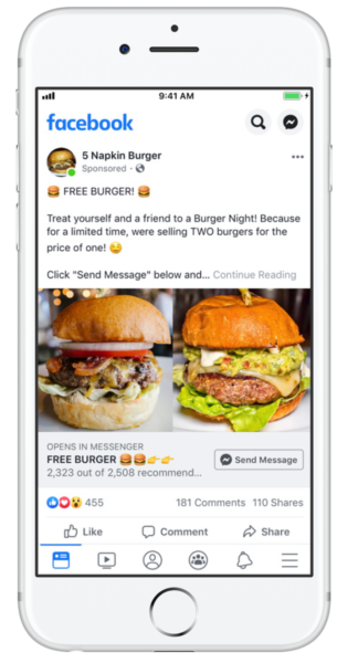 screenshot of 5 Napkin Burger Facebook ad showing two of their burgers