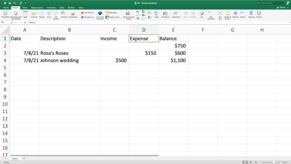 screenshot of Excel cash basis accounting