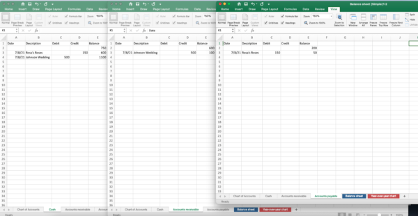 screenshot of Excel accrual and double-entry accounting