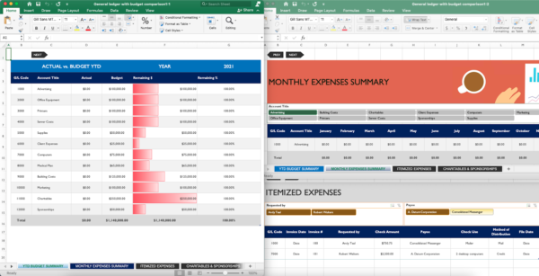 screenshot of Excel general ledger template