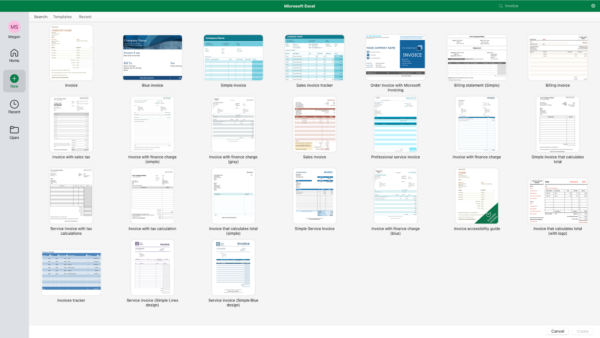 screenshot of Excel invoice template options