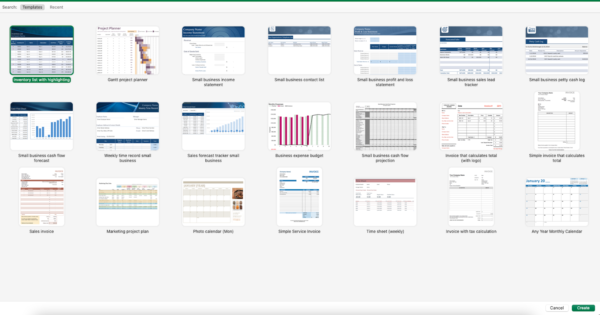 screenshot of Excel template options