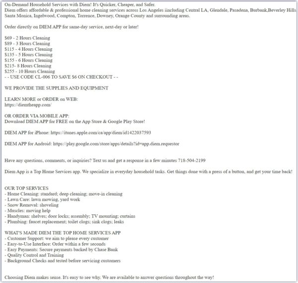 Diem Craigslist ad showing pricing and services
