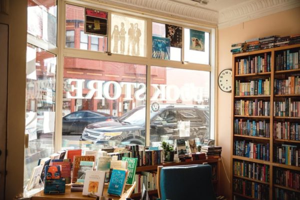 Book store window filled with a variety of books